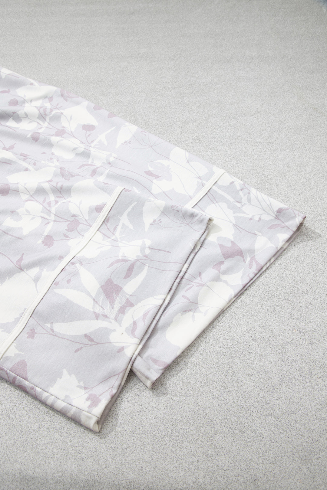 Gray Floral Print Wide Leg Ankle-Length Elastic Waistband Pants