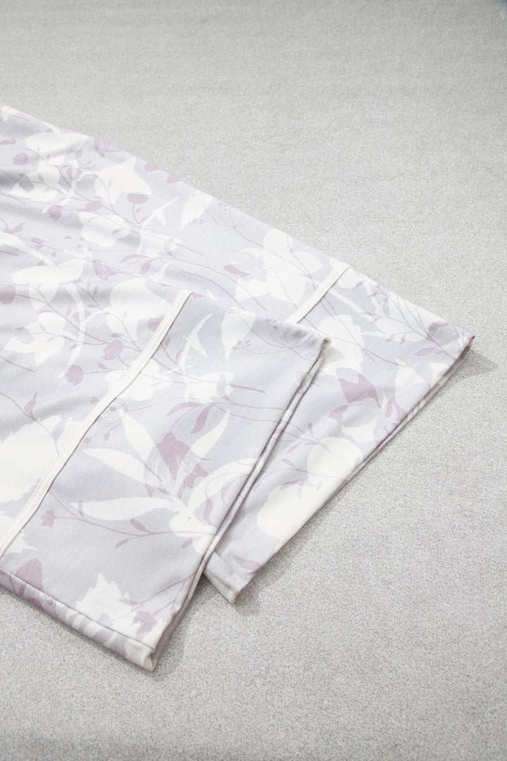 Gray Floral Print Wide Leg Ankle-Length Elastic Waistband Pants