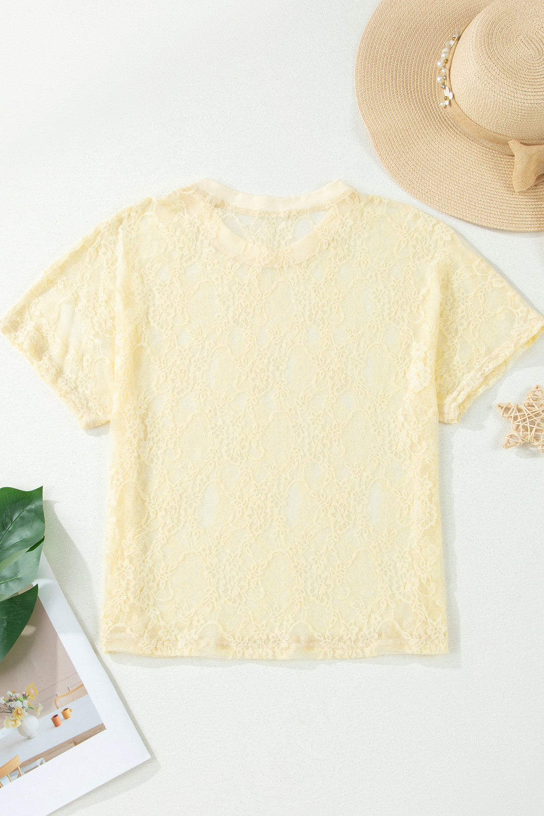 Yellow Cream Sheer Floral Lace Boxy Tee