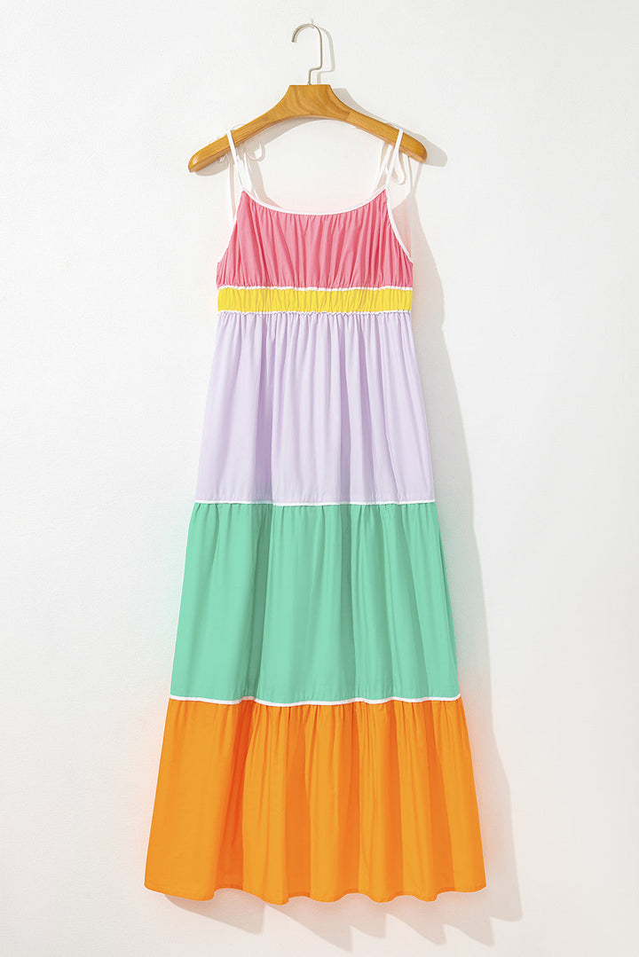 Colorblock Self-tie Straps High Waist Flowy Maxi Dress with Pockets