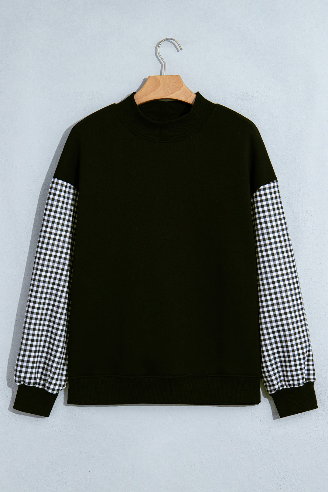 Black Plaid Sleeve Colorblock Loose Tunic Sweatshirt