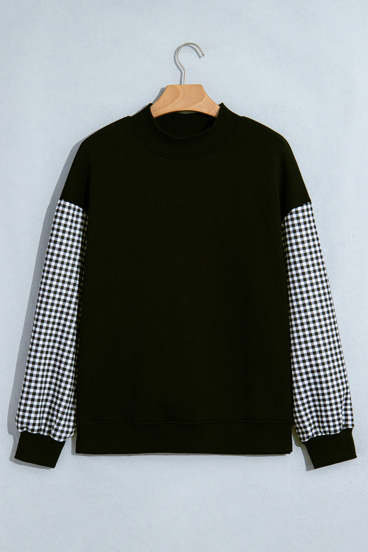 Black Plaid Sleeve Colorblock Loose Tunic Sweatshirt