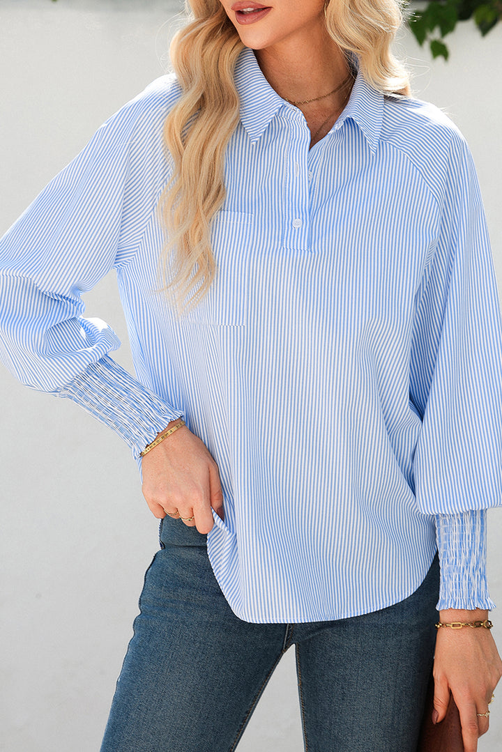 Sky Blue Stripe Pinstripe Smocked Cuffs Button Shirt Collar Blouse