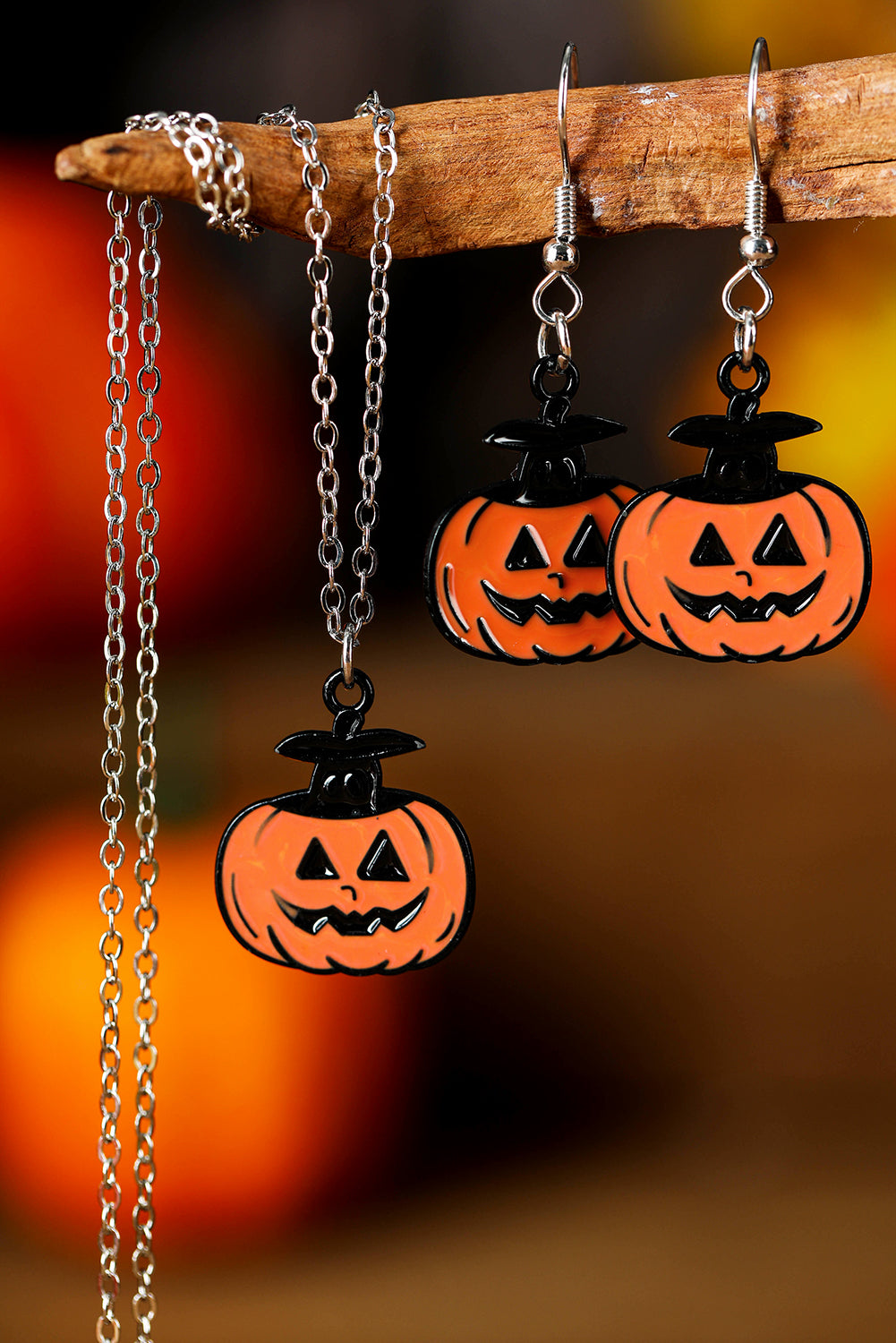 Ensemble de bijoux avec collier et boucles d'oreilles en forme de visage de citrouille pour Halloween