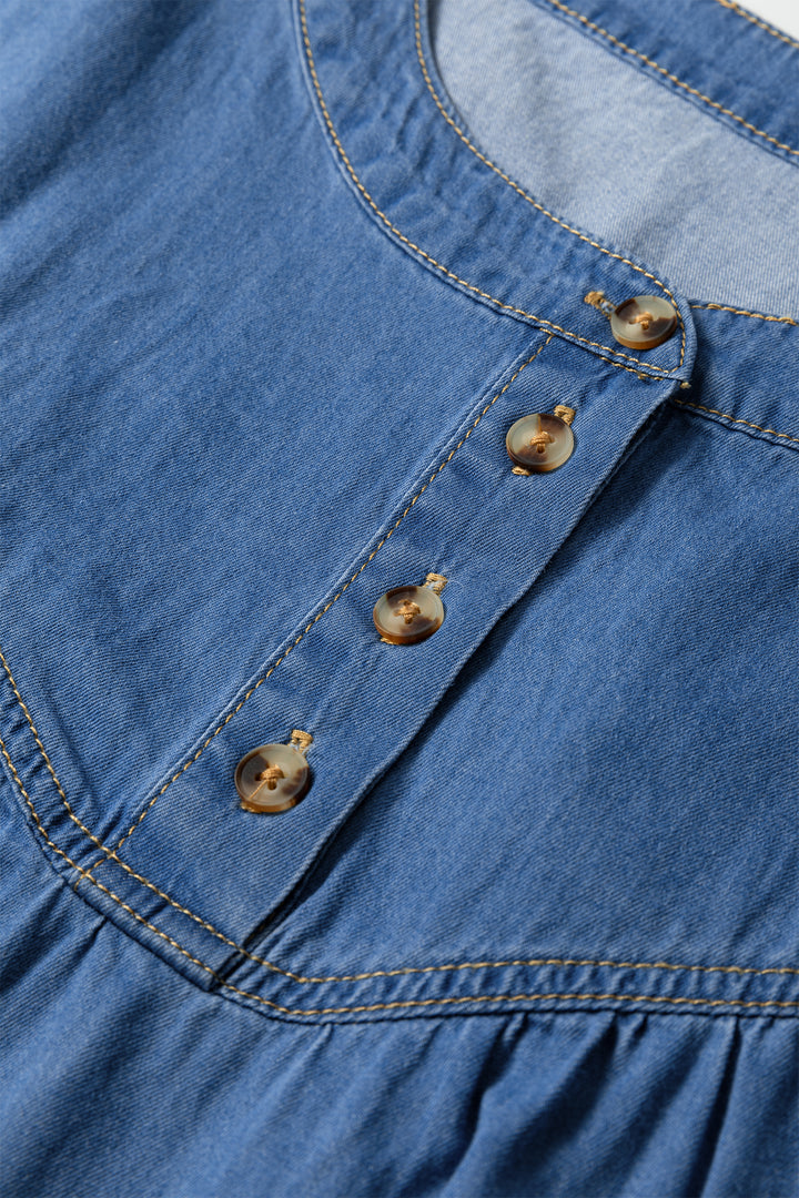 Seam Pleated Detail Half Button Short Sleeve Denim Top