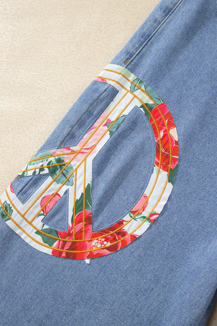 Myosotis Floral Peace Sign Embroidered Patch Wide Leg Jeans