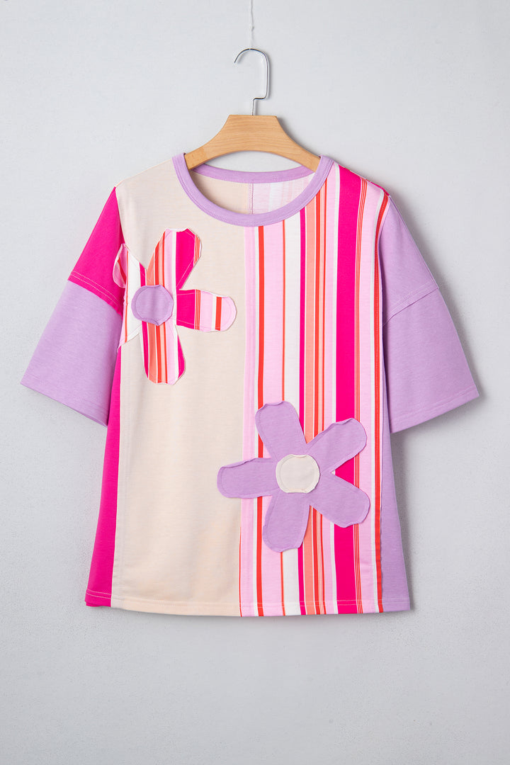 Striped Color Block Flower Patched Half Sleeve Loose Top