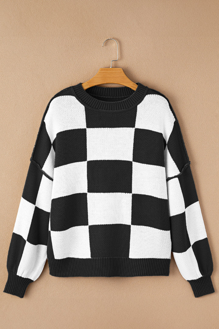 Black Checkered Bishop Sleeve Sweater