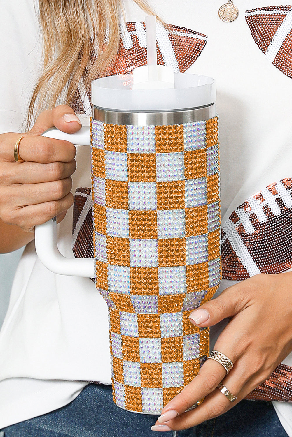 Full Rhinestone Checkerboard Handled Tumbler 40oz