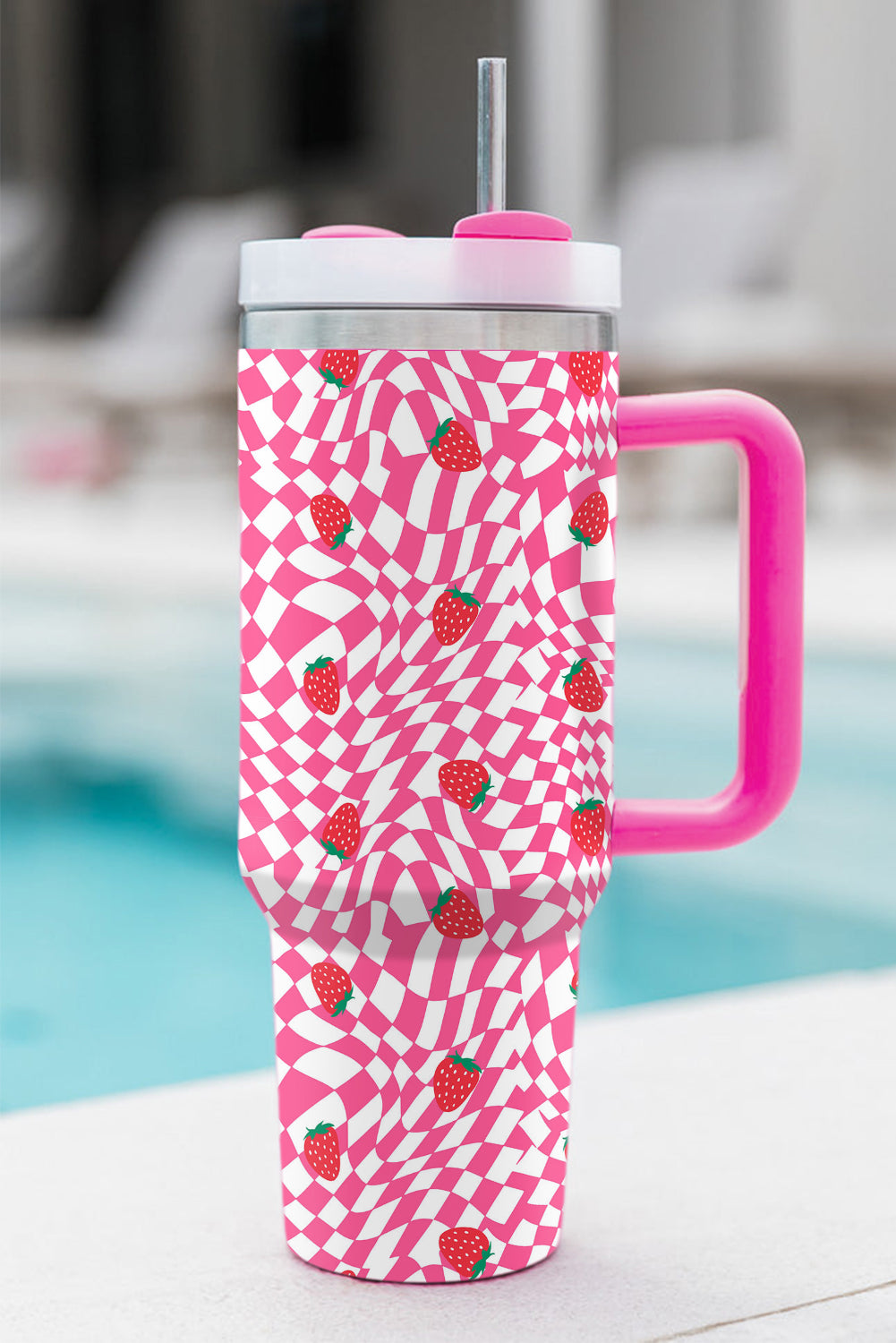 Strawberry Checkered Print Handled Tumbler 40oz