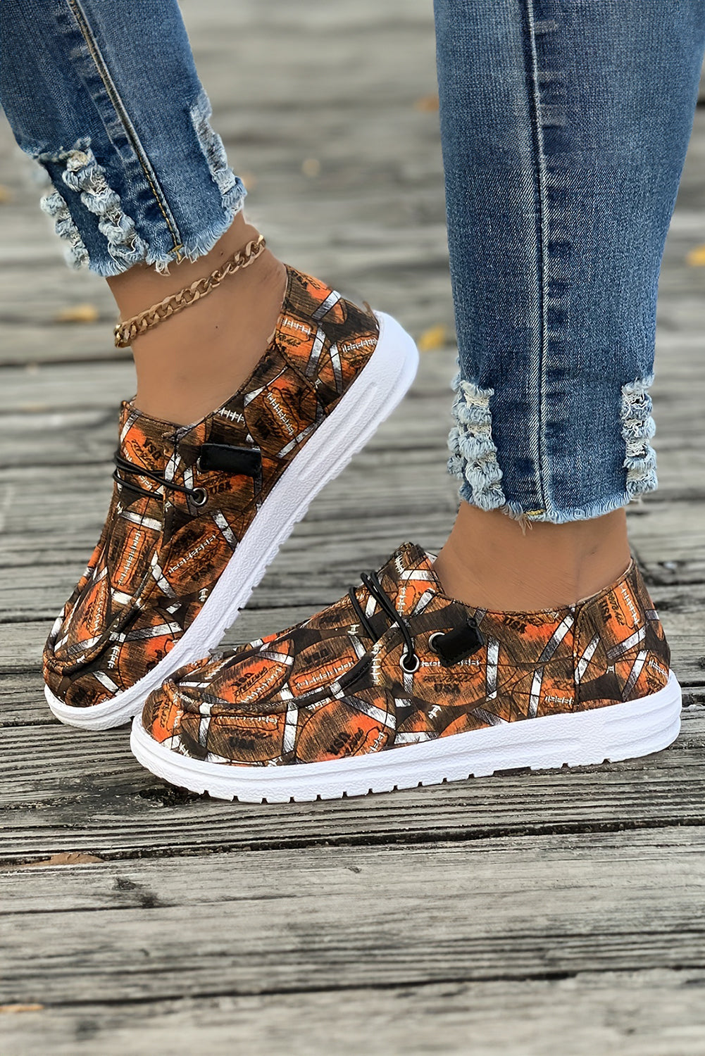 Rugby Allover Print Lace Up Detail Slip On Flat Shoes