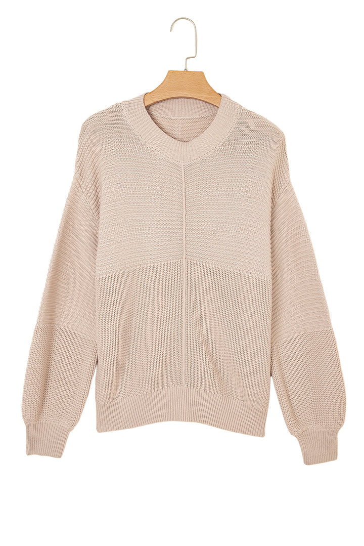 Mixed Texture Patchwork Knitted Puff Sleeve Sweater