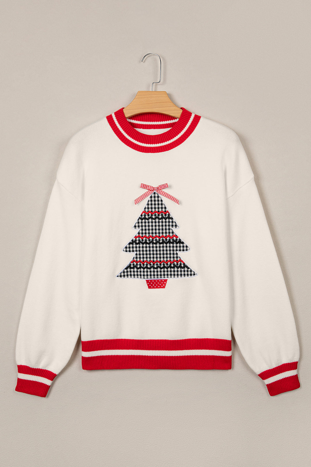 White Christmas Plaid Tree Applique Round Neck Loose Sweater
