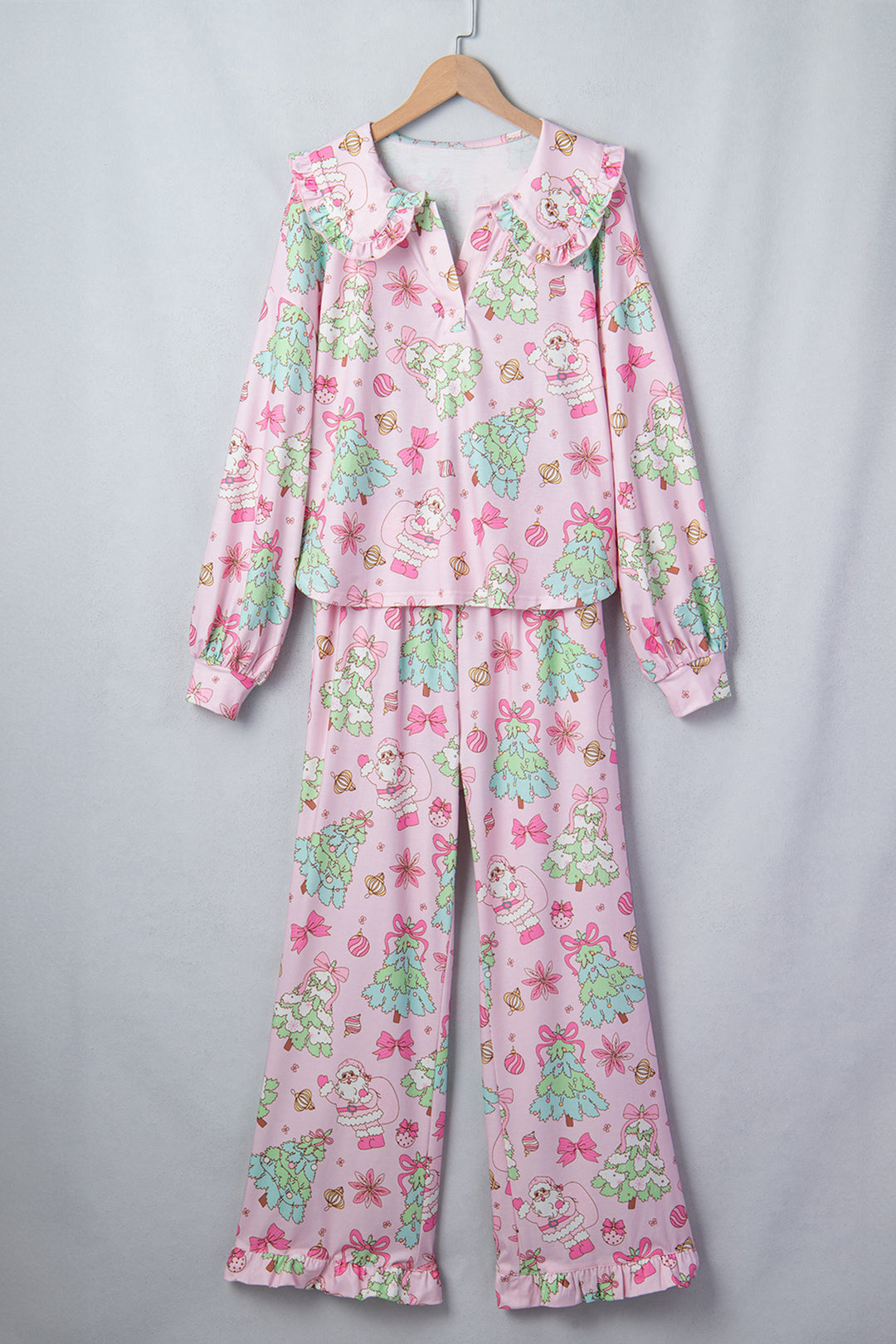 Pink Christmas Print Button Front Long Sleeve Lounge Set