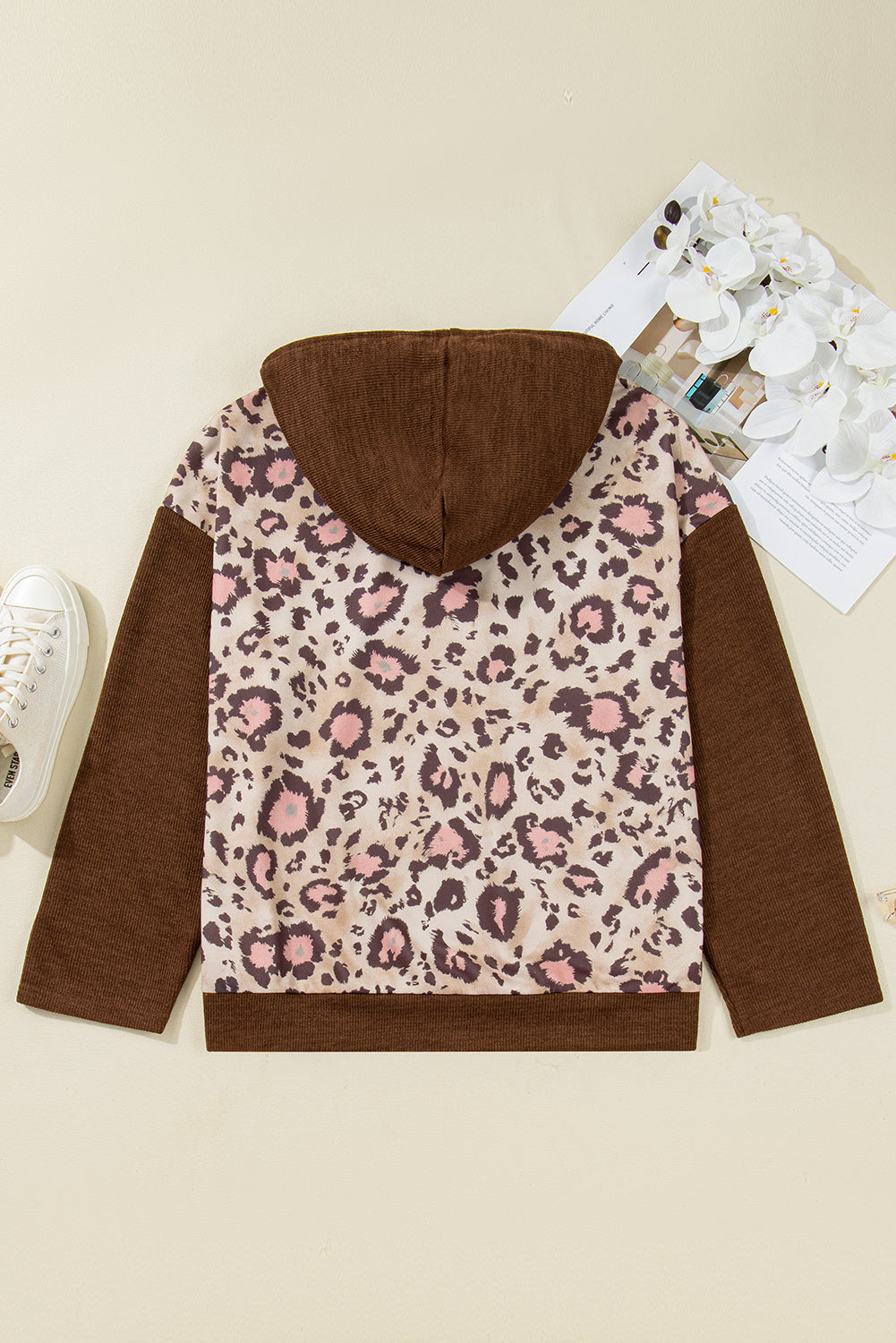 Brown Leopard Print Knit Patchwork Plus Hoodie