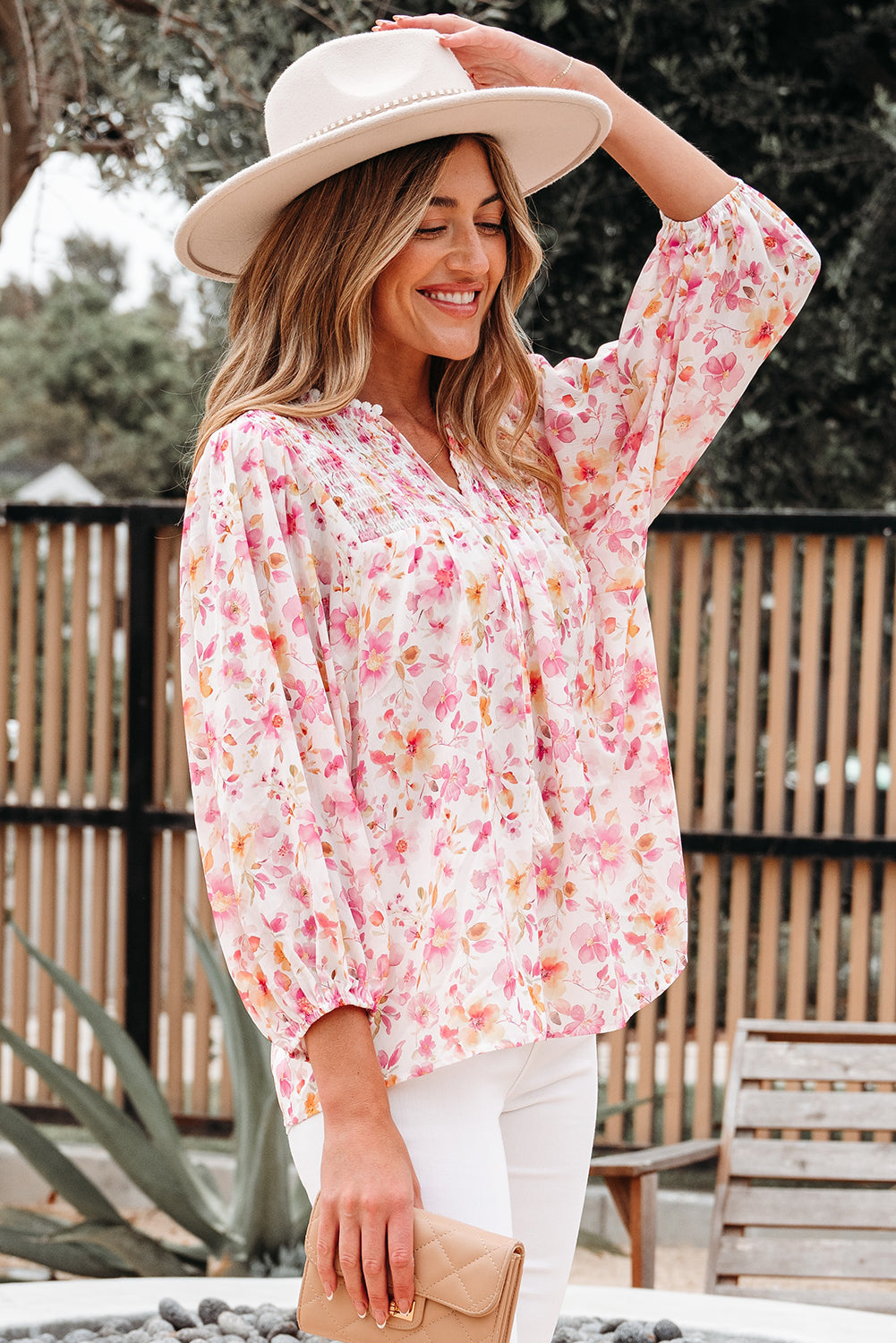 Floral Print Tassel Tie Smocked V Neck Puff Sleeve Tunic Blouse