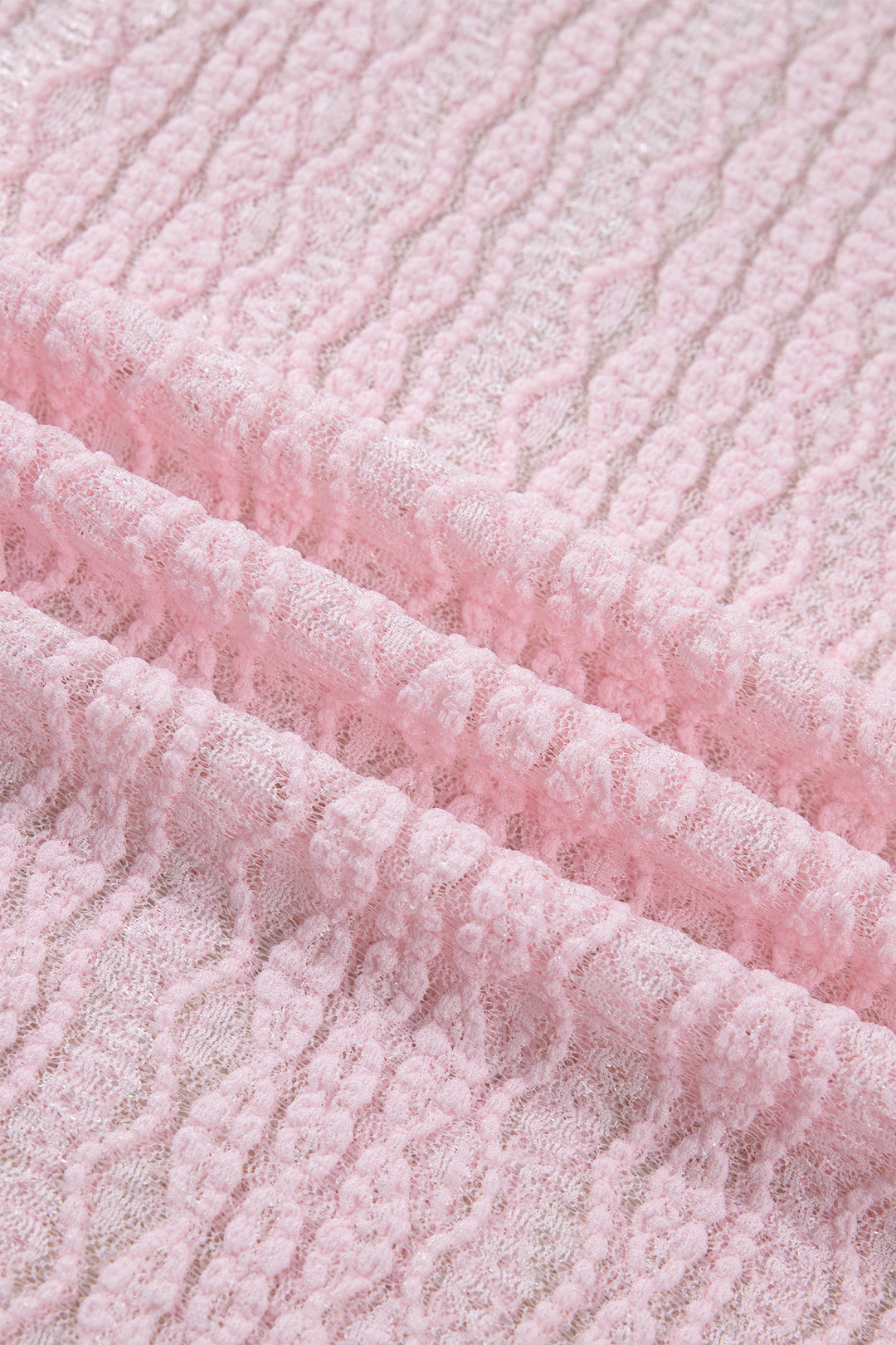 Light Pink Flounced Long Sleeve Mock Neck Sheer Lace Top