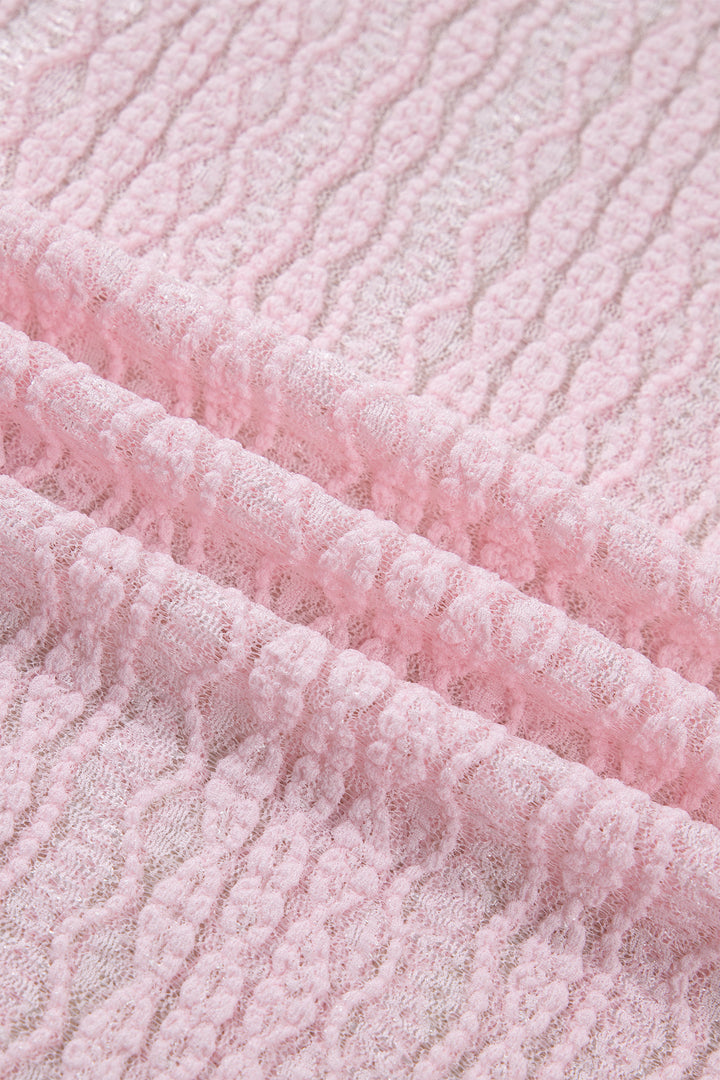 Light Pink Flounced Long Sleeve Mock Neck Sheer Lace Top