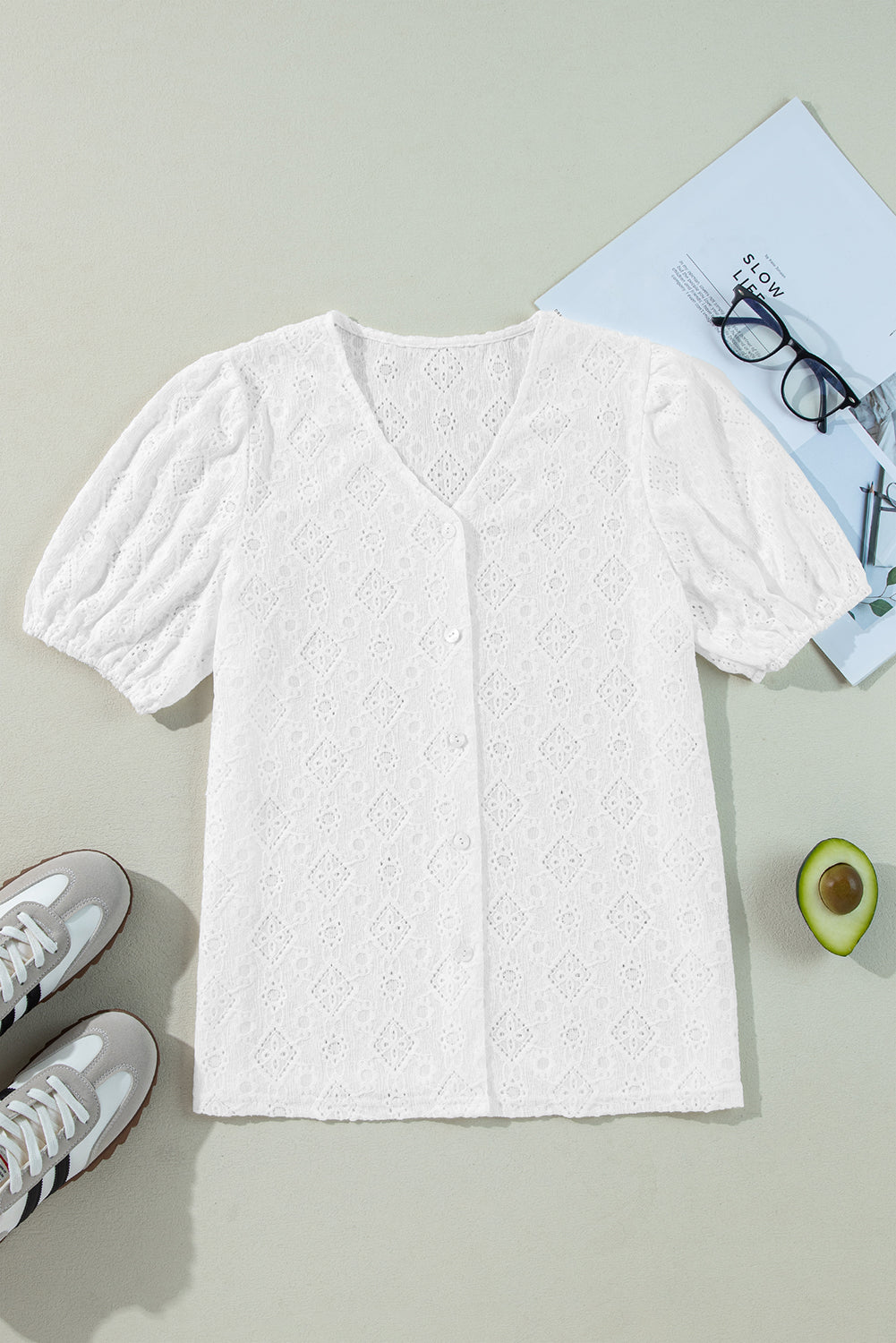Lace Puff Sleeve V Neck Button Up Shirt