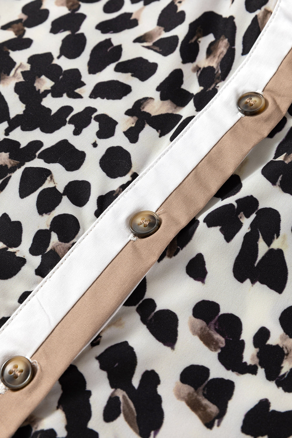 Button Striped Collar Leopard Print Long Sleeve Flared Dress