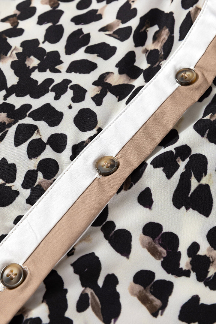 Button Striped Collar Leopard Print Long Sleeve Flared Dress