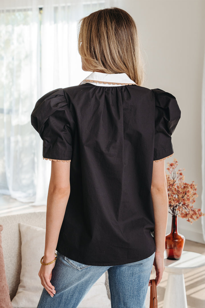 Ricrac Trim Color Block Patchwork Shirt Collar Short Sleeve Blouse