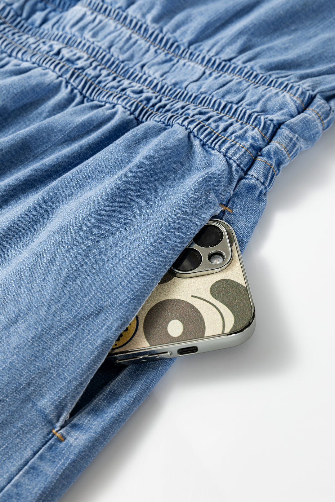 Elastic Waist Short Sleeve Denim Mini Dress