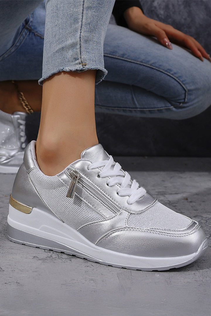 Schnür-Sneakers aus PU-Leder mit Patchwork-Reißverschluss