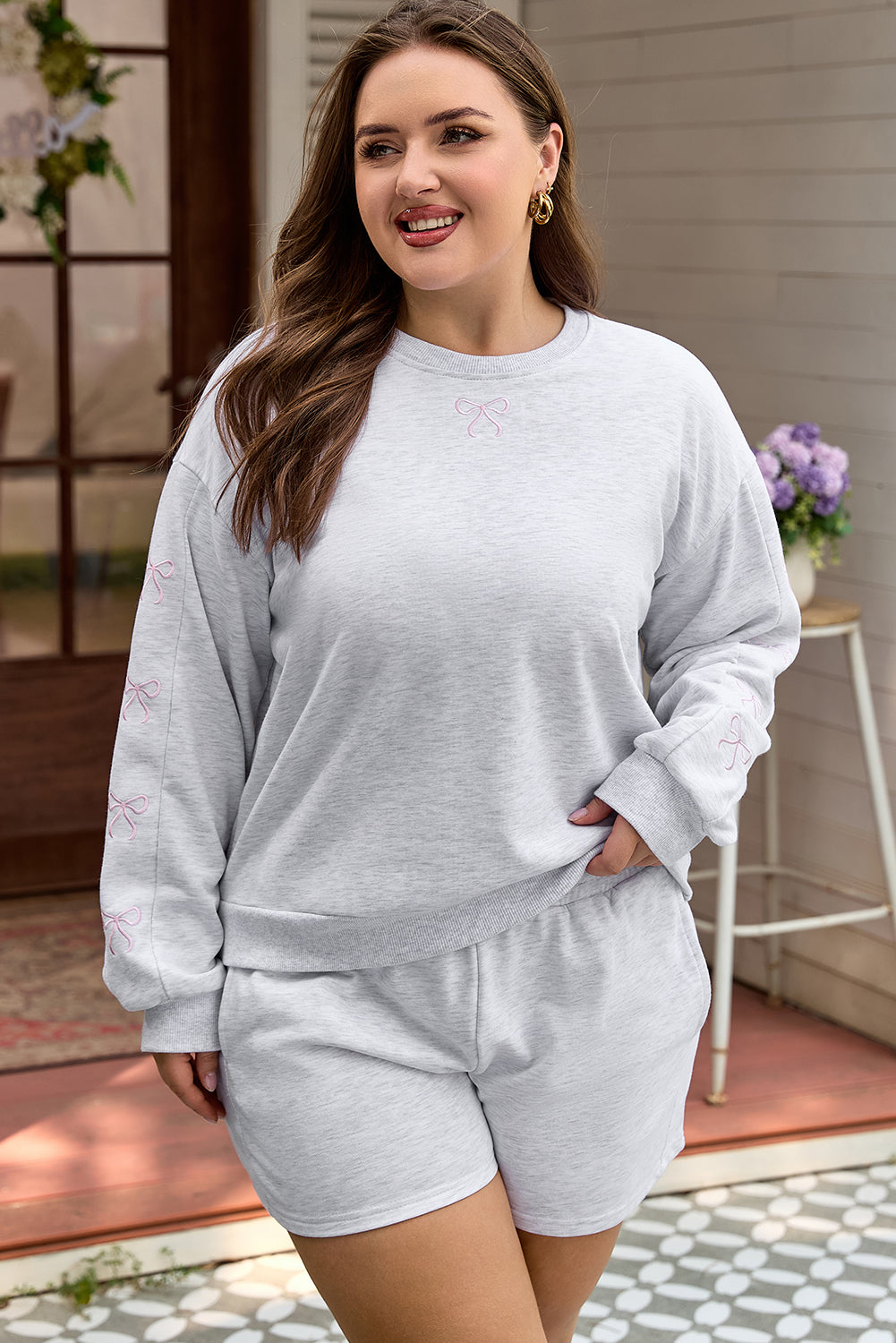Light Grey Girly Bow Embroidered Pullover Loose Shorts Plus 2pcs Outfit