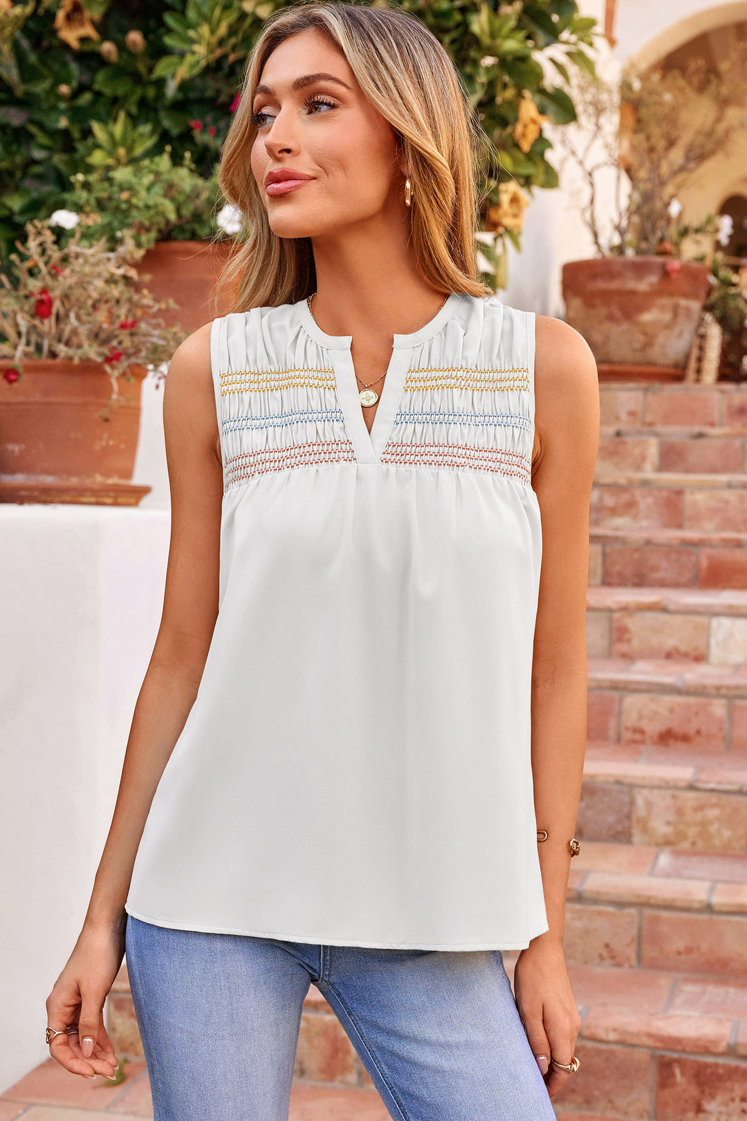 White Shirred Contrast Stitch V Neck Sleeveless Shift Top