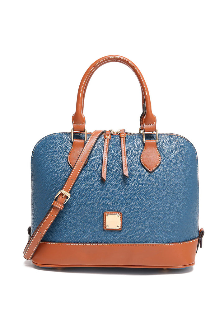Color Contrast PU Leather Zipper Tote Bag
