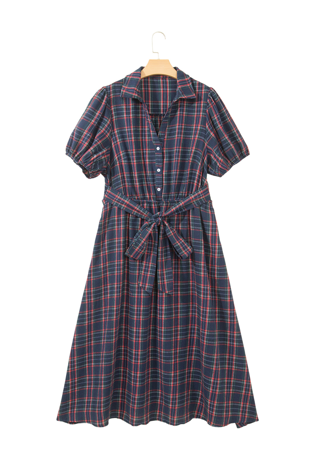 Black Plaid V Neck Belted Waist Short Sleeve Plus Size Dress