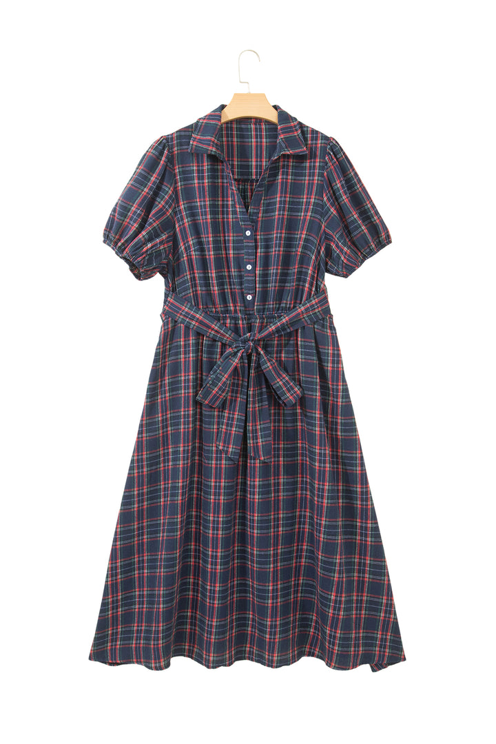 Black Plaid V Neck Belted Waist Short Sleeve Plus Size Dress