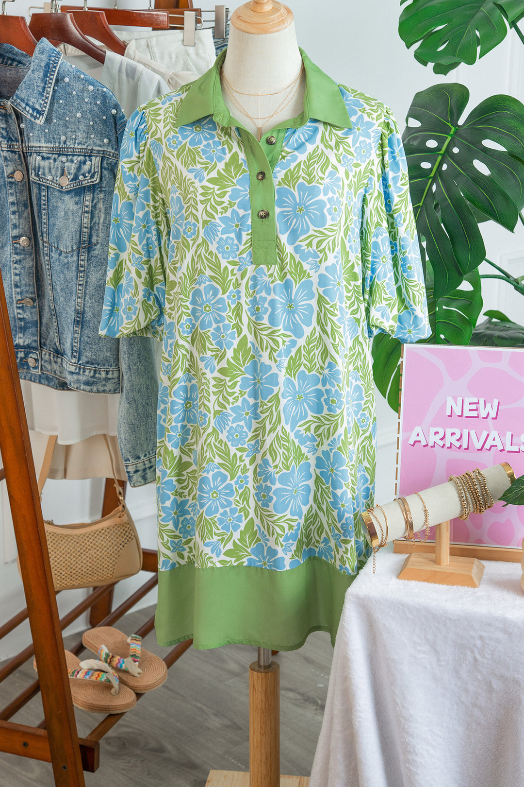 Sky Blue Floral Print Color Block Patchwork Shirt Collar Half Sleeve Mini Dress