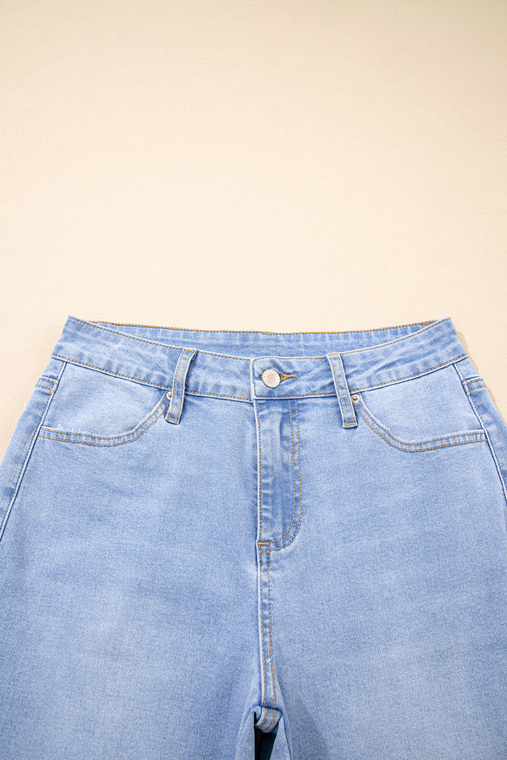 Iceland Blue Unique Hem Design Elastic Waist Flare Leg Jeans