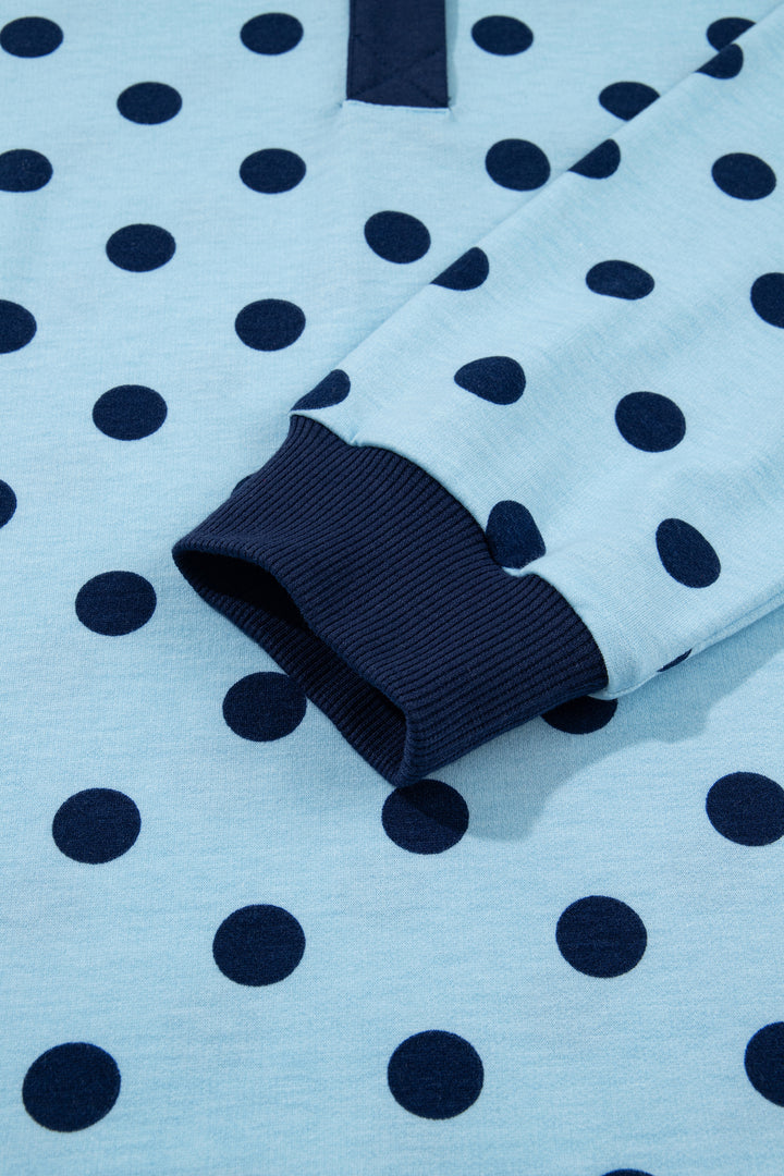 Sky Blue Polka Dot Drop Shoulder Polo Loose Pullover Patch Pocket Casual Shorts Set