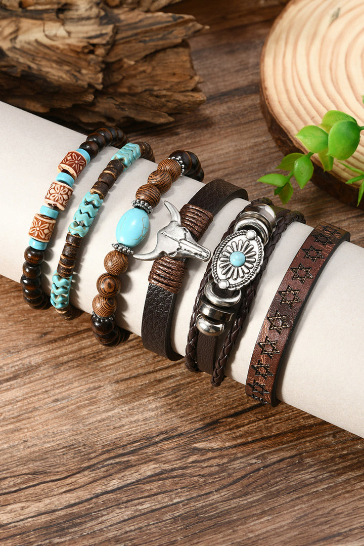 6 Piece Western Bull Skull Turquoise Beading Bracelet