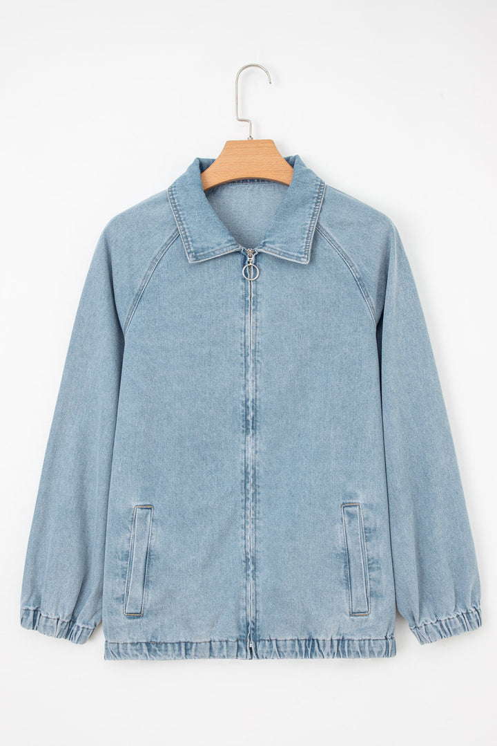 Myosotis Elastic Edge Collared Zip Up Denim Jacket With Pocket