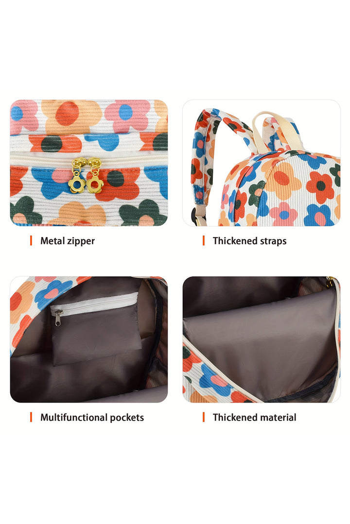 Sac à dos en velours côtelé à imprimé floral avec pochette assortie