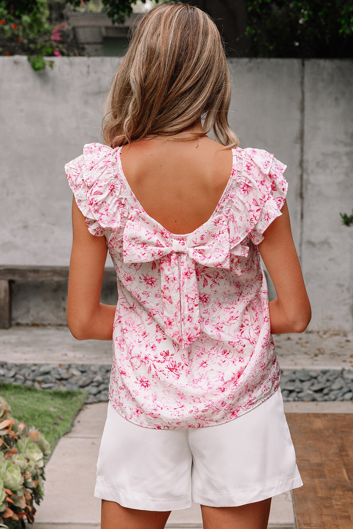 Bluse mit Blumenmuster, Rüschen, kurzen Ärmeln, Schleife hinten und quadratischem Ausschnitt