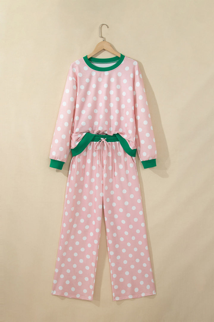 Pink Polka Dot Contrast Trim Long Sleeve Top Drawstring Shift Pants Set