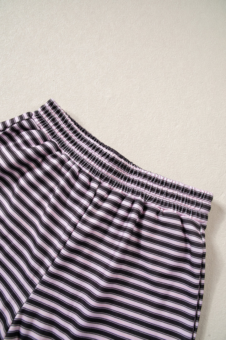 Brown Stripe Long Sleeve Oversized Top Pocketed Casual Shorts Two Piece Set