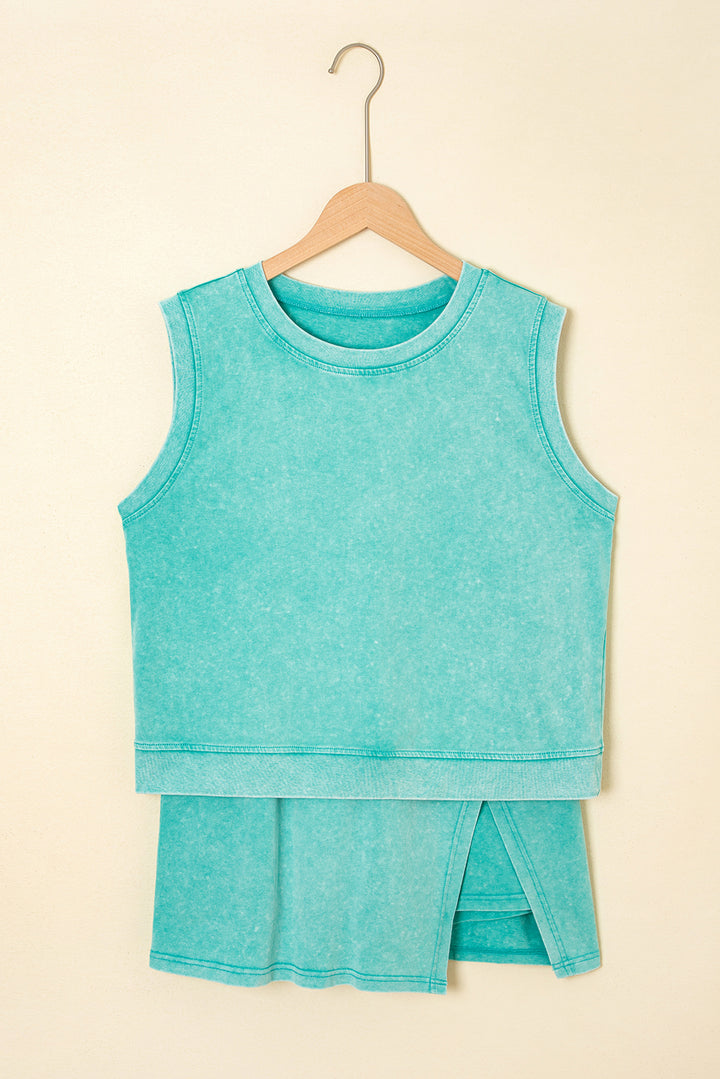 Mint Green Washed Sleeveless Top Split Skort Cotton 2pcs Outfit