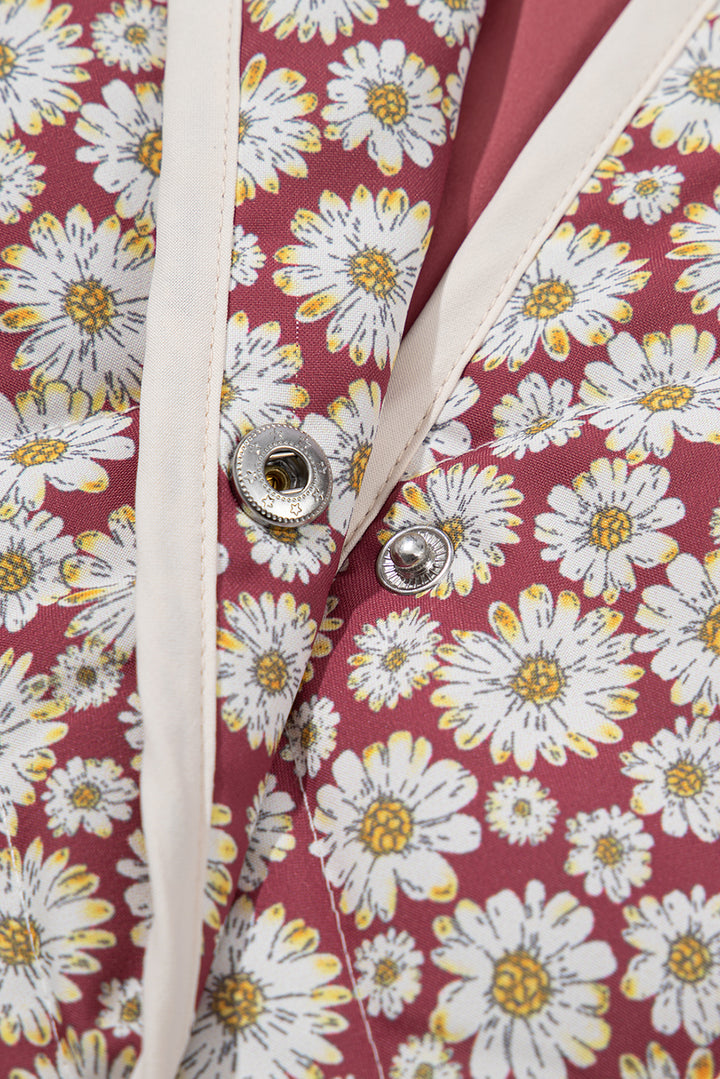 Pink Floral Print Contrast Edge Pocketed Stand Neck Jacket