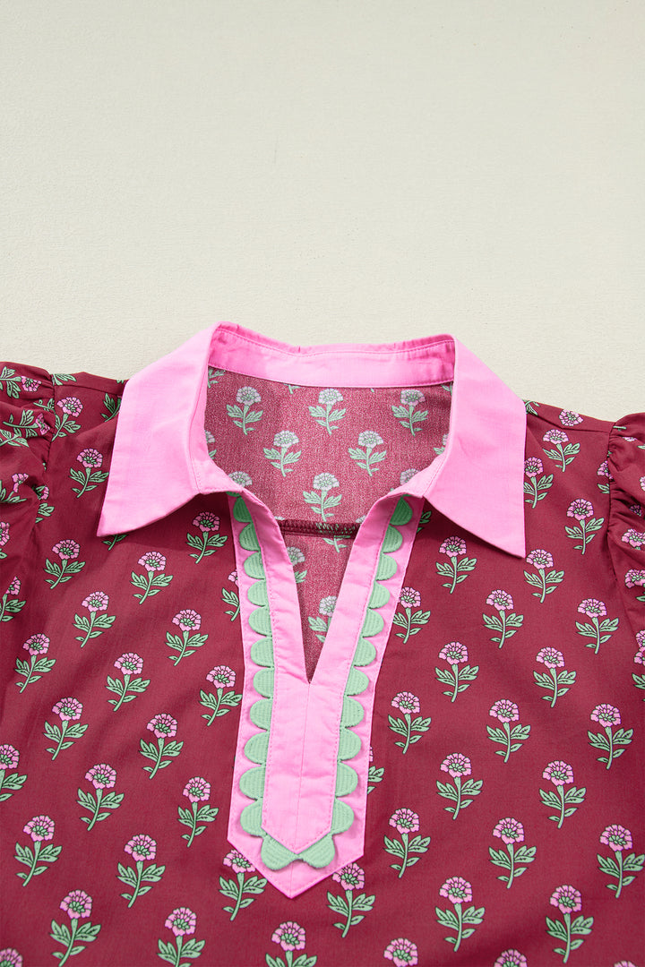Contrast Collared V Neck Ricrac Trim Short Puff Sleeve Flower Blouse