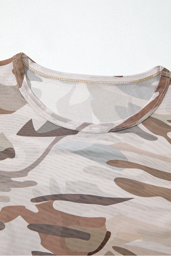 Western Fashion Camouflage Print Mesh Long Sleeve Top