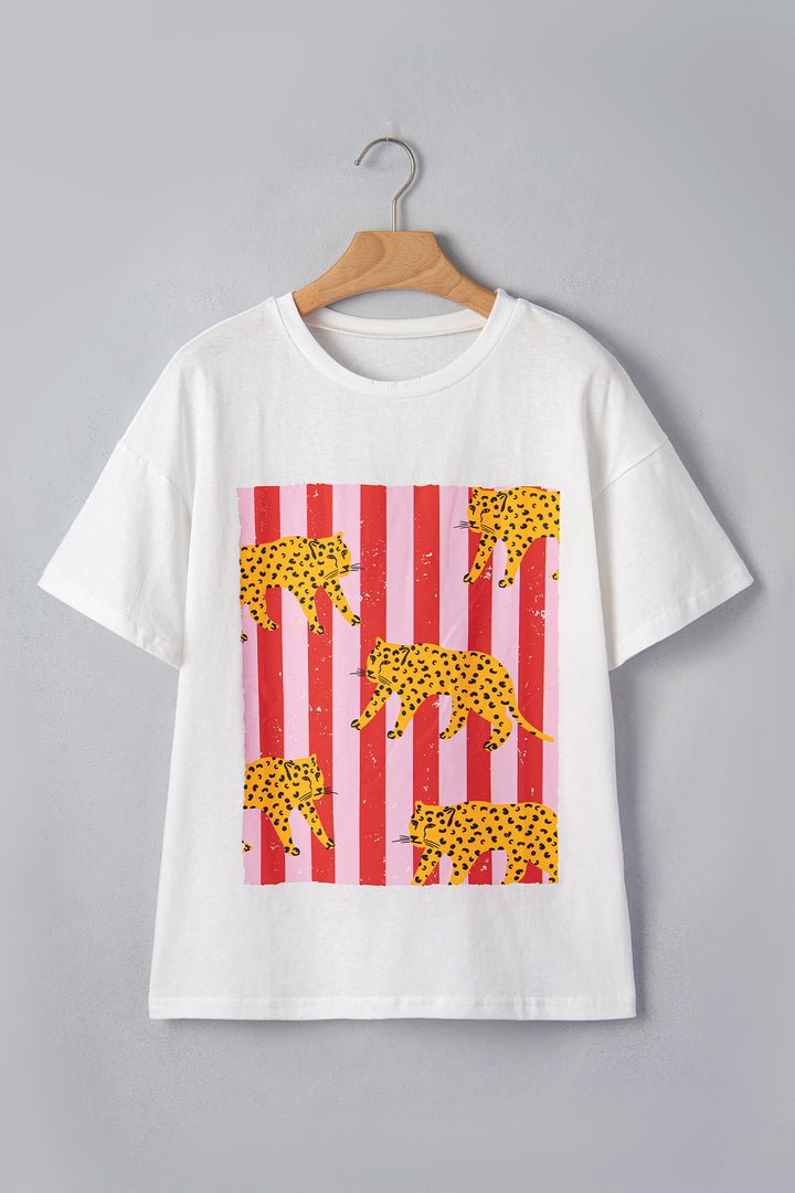 White Cheetah Striped Print Retro Fashion Graphic Tee