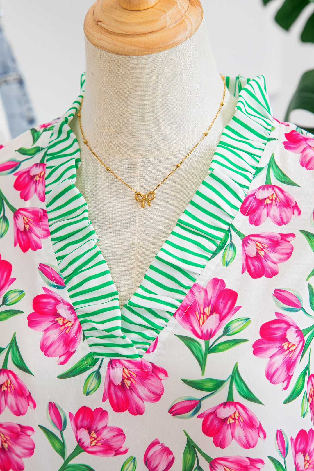 Multicolour Sweet Floral Print Striped Ruffle Trim V Neck Blouse