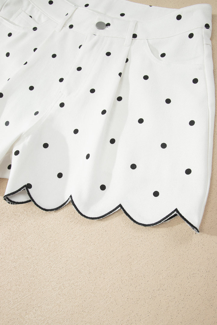 White Polka Dot Print Embroidered Scallop Hem Shorts
