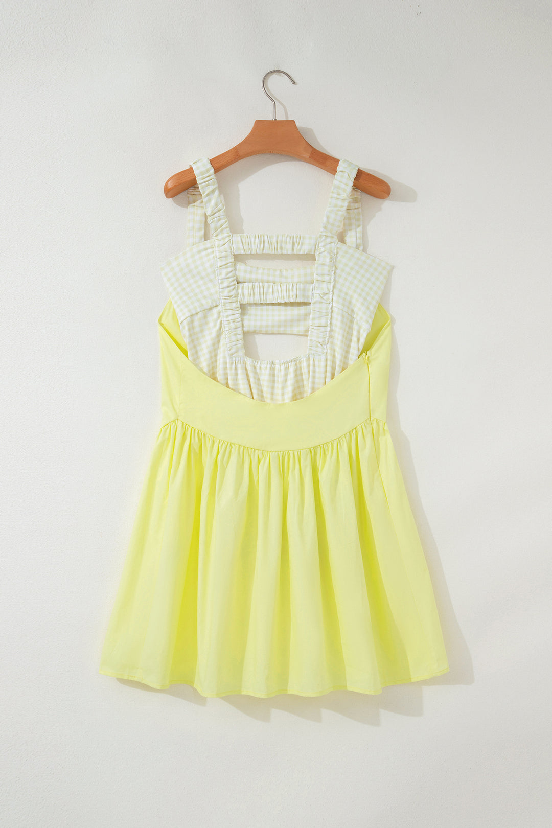 Cute Yellow Cream Faux Two Piece Gingham Contrast Loose Mini Dress